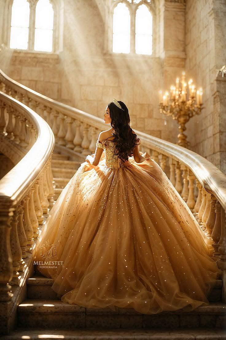 Jimena en una escalinata dorada
