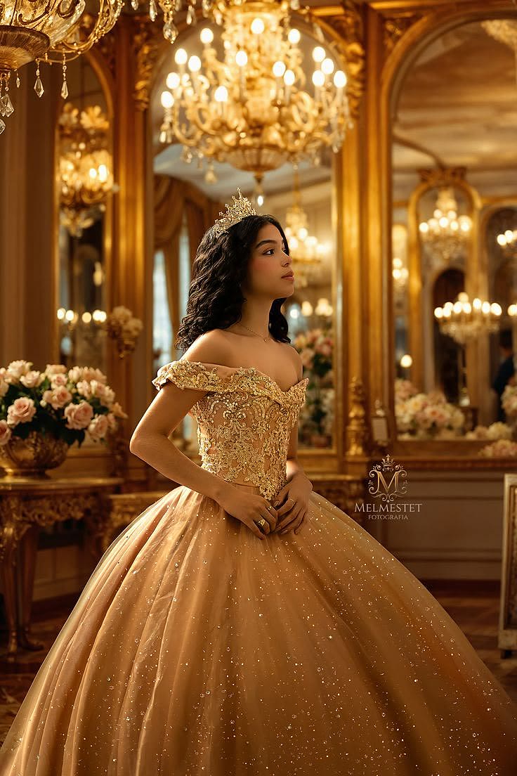 Jimena con vestido dorado en un salón de espejos