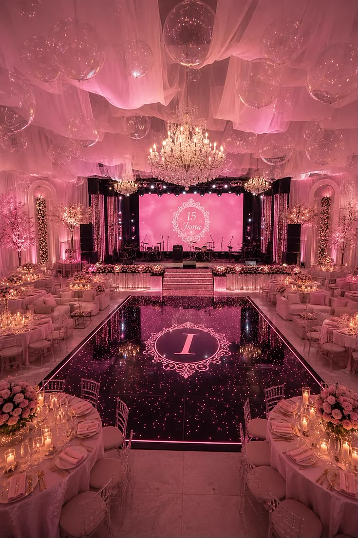 Salón de eventos con escenario rosa y candiles